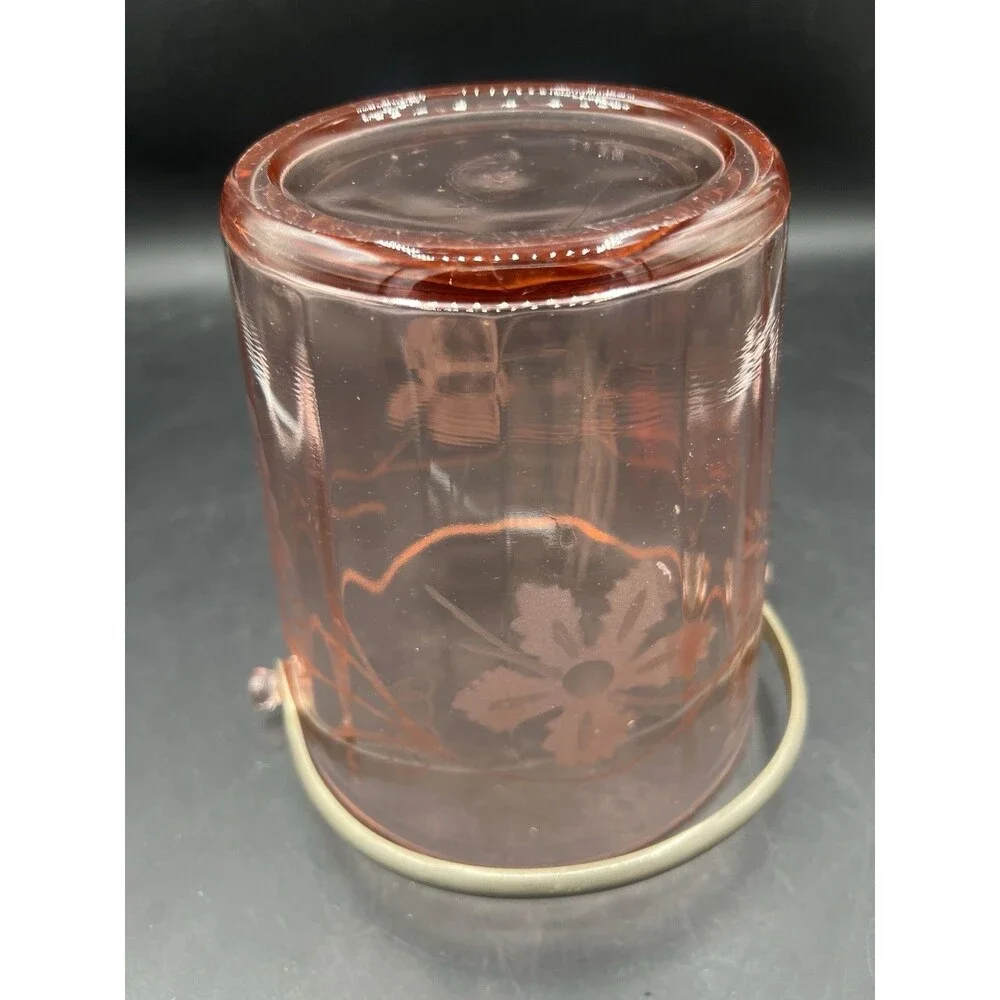 Vintage Cambridge Pink Depression Glass Ice Bucket Etched Floral Grapes Tongs